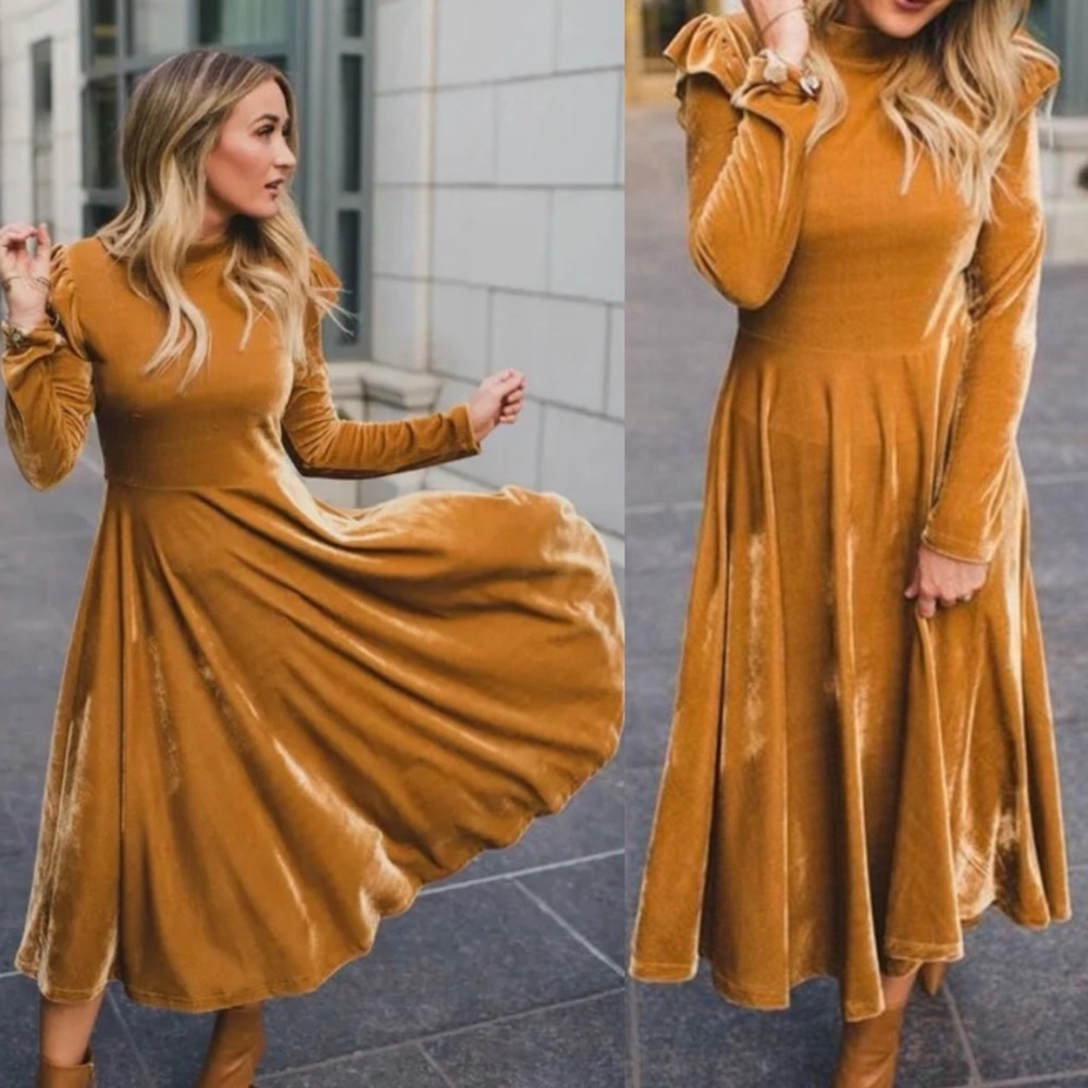 Ivy City Co Mustard Velvet Midi Dress